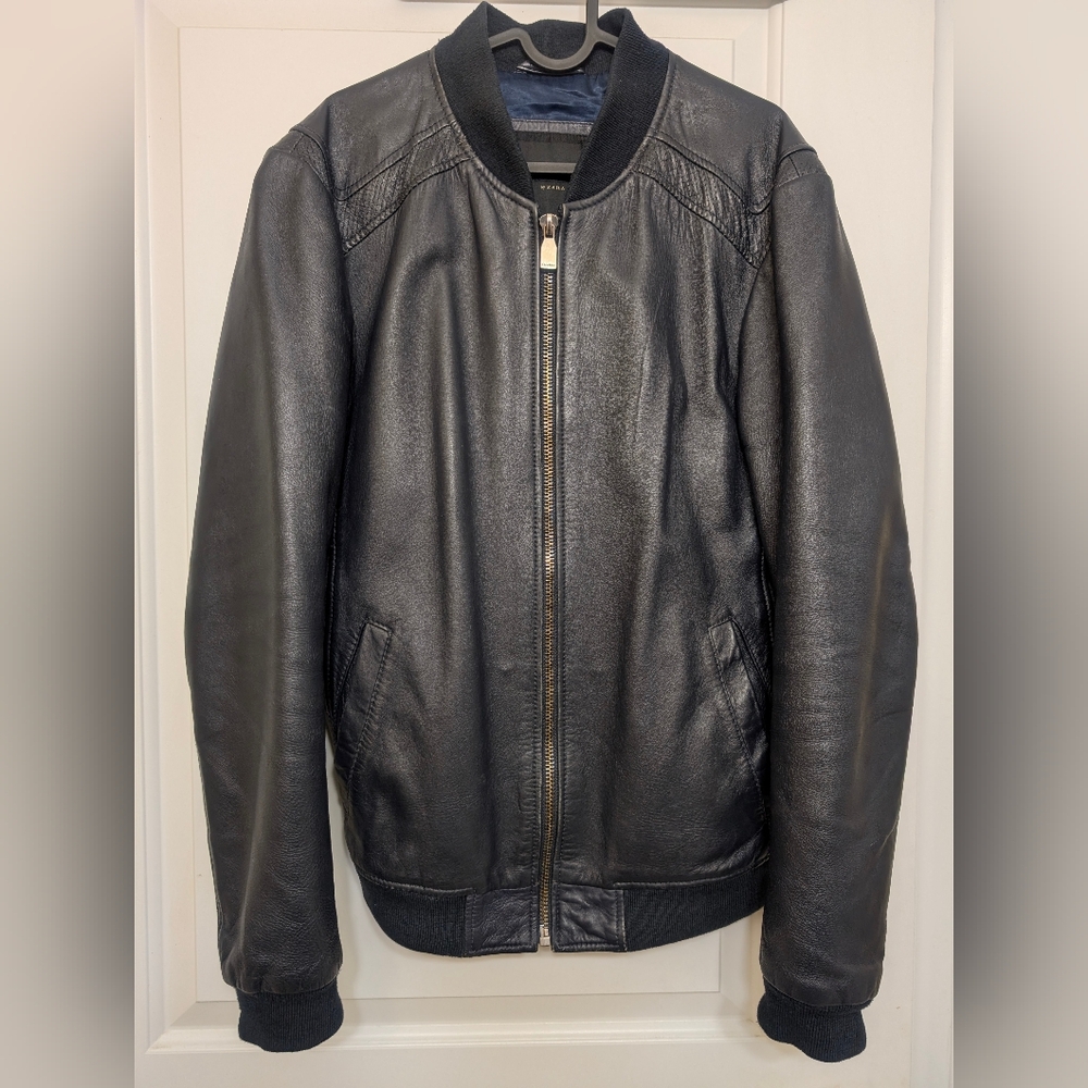 Zara Man Leather Jacket, Size L in Navy